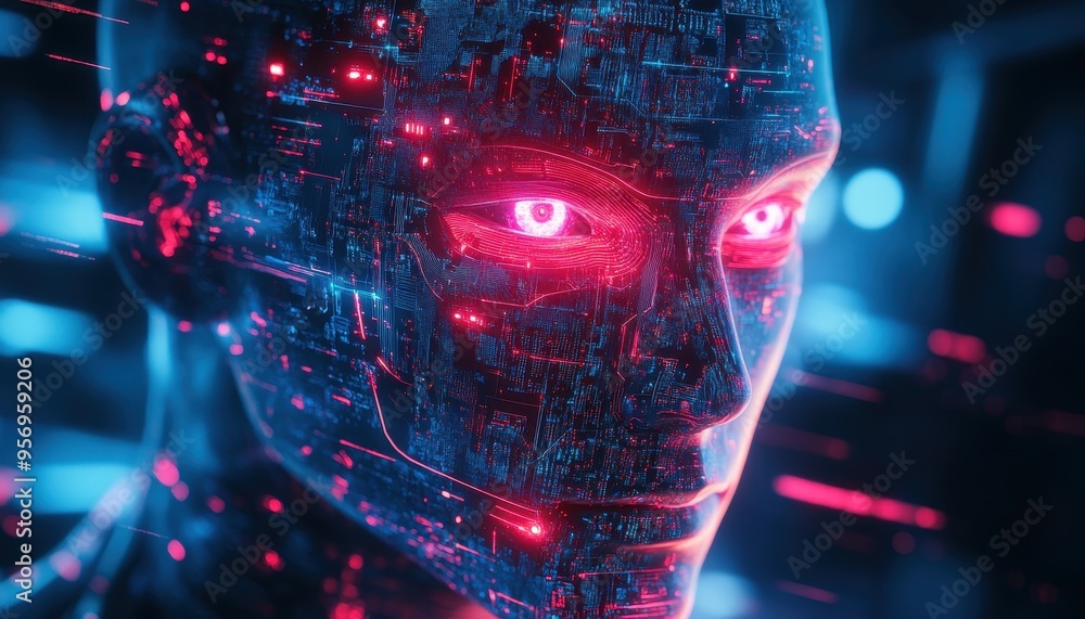 Poster technological visionary - humanoid robot head with glowing eyes and abstract digital patterns symbol