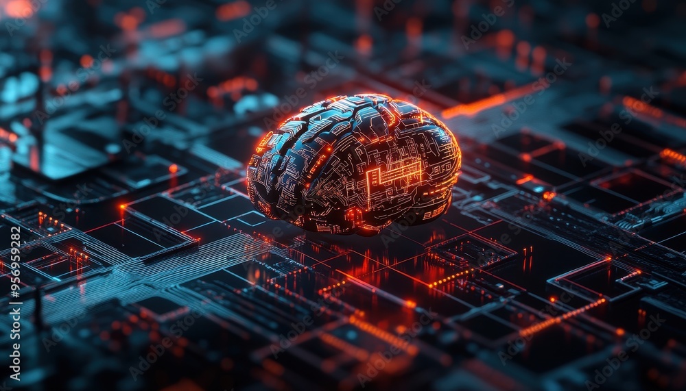 Poster futuristic robotics: mechanical brain with digital circuits and code in virtual space