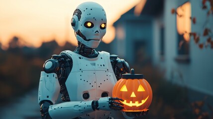 Fototapeta premium Robot Holding Jack O Lantern Halloween Night