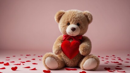 Obraz premium Cute Plush Teddy Bear Holding Red Heart on Pink Background for Valentine's Day Celebration.