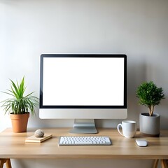Fototapeta premium A minimalist workspace with a blank computer screen. perfect for showcasing your designs or adding text.