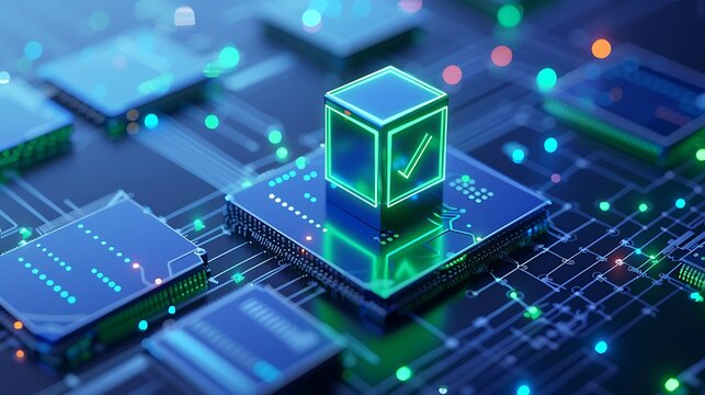 Futuristic digital blockchain technology concept with glowing nodes and circuits, representing artificial intelligence and secure transactions.