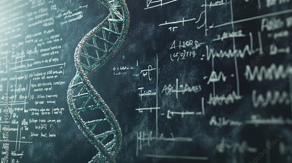 Poster a 3d model of a dna double helix in front of a chalkboard filled with scientific equations.