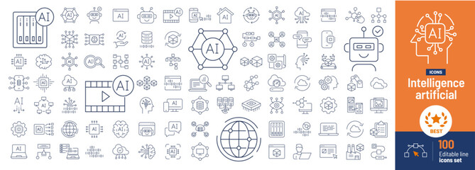 Artificial Intelligence thin line icon set. data,  servery, system, innovation, activity, operation, world, computer, process, productivity, progress