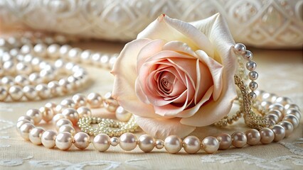 A delicate, velvety rose petal rests beside a lavish vintage pearl necklace, adorned with intricate filigree, against a soft, creamy background evoking timeless elegance.