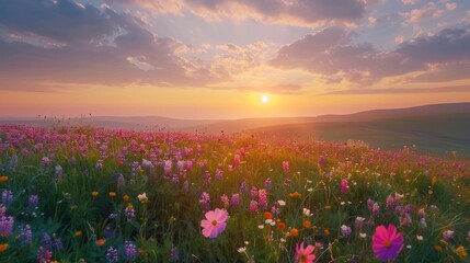 Fototapeta premium Drone timelapse footage captures the serene beauty of a wildflower meadow at sunset as the sky transitions from bright oranges and pinks to deep purples and blues The warm