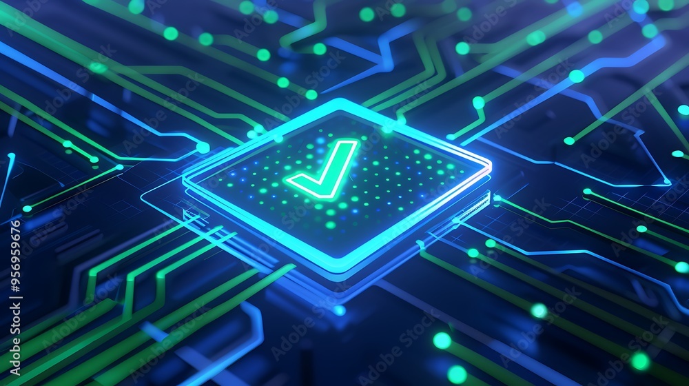 Aufkleber futuristic digital checkmark icon displayed on a microchip, symbolizing technology, innovation, and 