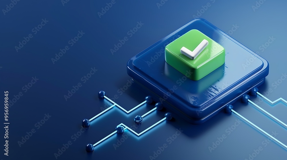 Poster futuristic digital checkmark icon symbolizing tech approval, confirmation, and validation on a blue 