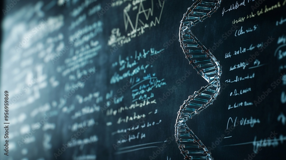 Poster a dna double helix model drawn on a blackboard with scientific formulas and equations in the backgro