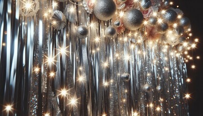 A shimmering silver tinsel curtain with twinkling lights, perfect for creating a festive backdrop for parties, celebrations, or special events.  It evokes a sense of joy, excitement, and celebration.