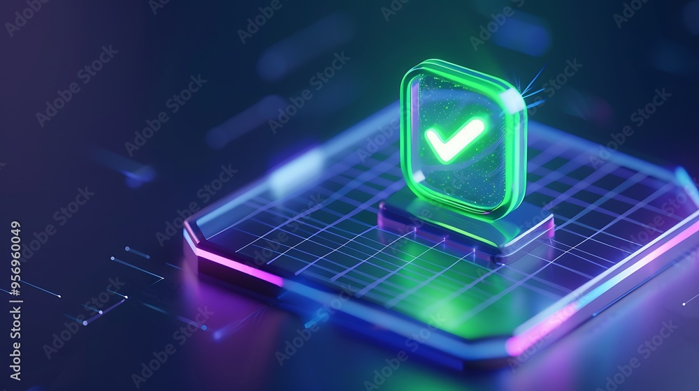 Poster futuristic digital checkmark on a glowing platform representing technology validation and data secur
