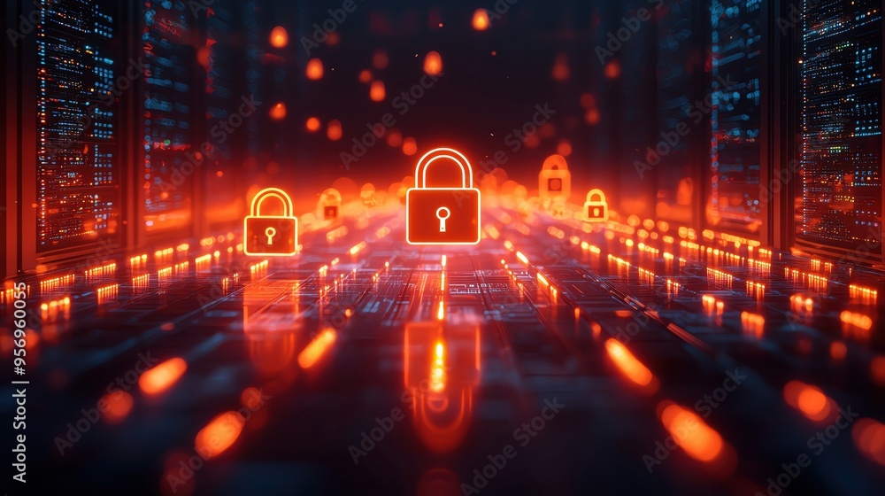 Poster a futuristic digital landscape showcasing glowing padlocks symbolizing data security and encryption 