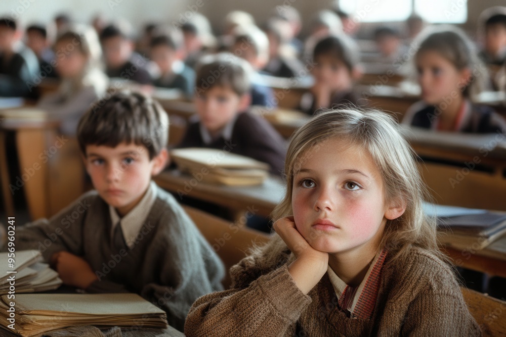 Aufkleber Students sit attentively in a crowded classroom, surrounded by outdated books and lacking essential learning materials, eager to learn. Generative AI