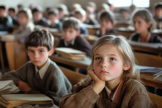 Students sit attentively in a crowded classroom, surrounded by outdated books and lacking essential learning materials, eager to learn. Generative AI