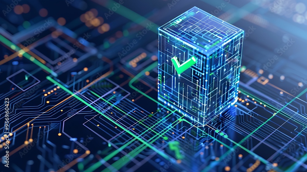 Poster futuristic digital circuit board with a glowing check mark symbolizing technology, blockchain, and d