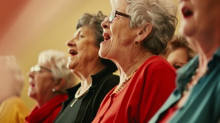 Elderly women joyfully singing together in a group, embodying companionship and the shared love of music.