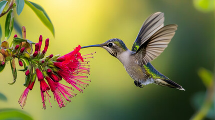 Fototapeta premium Hummingbird in Flight, Feeding on Red Flower