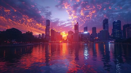 Fototapeta premium Captivating Cityscape Vibrant Transition from Night to Dawn Over the River