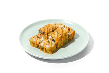 Hot Tempura Roll with Salmon and Spicy Sauce on White Background