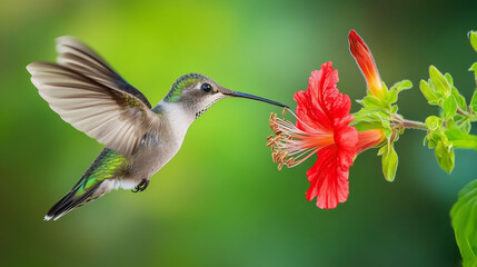 Fototapeta premium Hummingbird in Flight, Feeding on a Red Flower