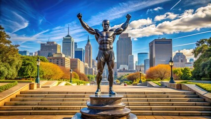 Iconic bronzed boxer figure stands triumphantly atop Philadelphia's granite stairs, fists raised in victory, with cityscape and blue skies in the background.