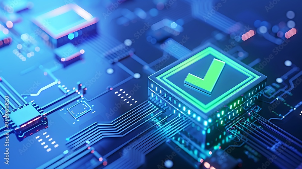 Poster futuristic digital circuit board with glowing check mark symbolizing technology, success, and securi