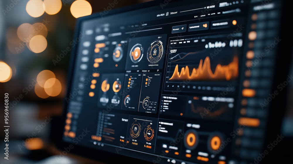 Poster Close-up of a computer monitor displaying a complex data analytics dashboard with charts, graphs, and gauges highlighted in orange in a dimly lit environment.