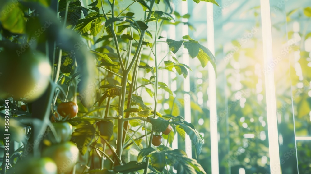 Sticker Lush green tomato plants bathed in gentle sunlight in a thriving indoor garden.