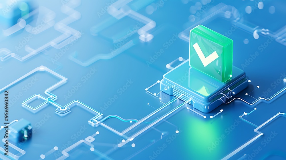 Poster futuristic digital circuit board with glowing checkmark icon representing system verification or cyb