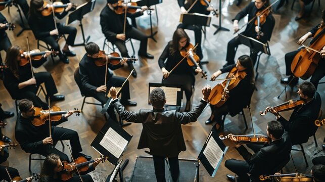 A conductor ardently directs an orchestra from a high-angle perspective, capturing the unity and brilliance of the musicians.