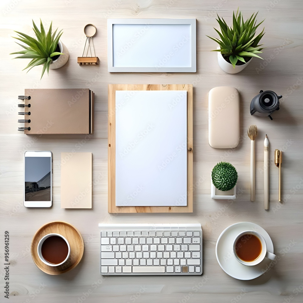 Poster flat lay mockup of a modern workspace with a blank frame. notepad. keyboard. coffee cups. and plants