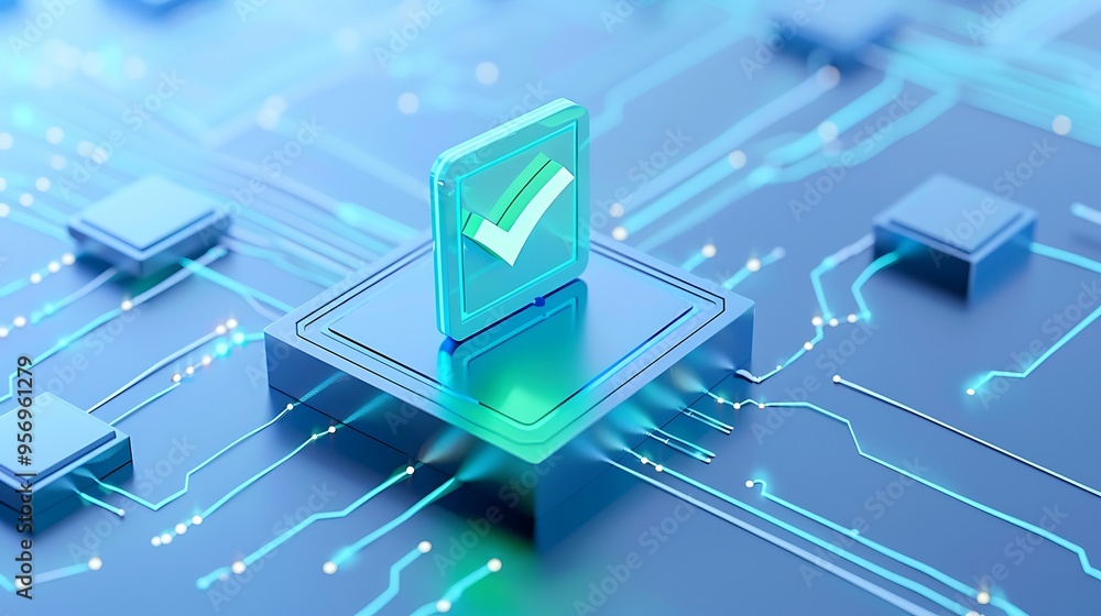 Poster futuristic digital circuit with glowing checkmark symbolizing technology approval and cybersecurity 