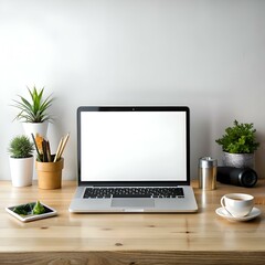 A clean and modern workspace featuring a laptop with a blank screen. a cup of coffee. plants. and a pencil holder on a wooden desk.