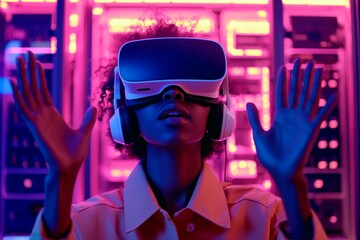 Obraz premium Virtual reality technology in the data center prevents system overload. The BIPOC VR technology is being used in the server room to ensure that there is sufficient network bandwidth available.