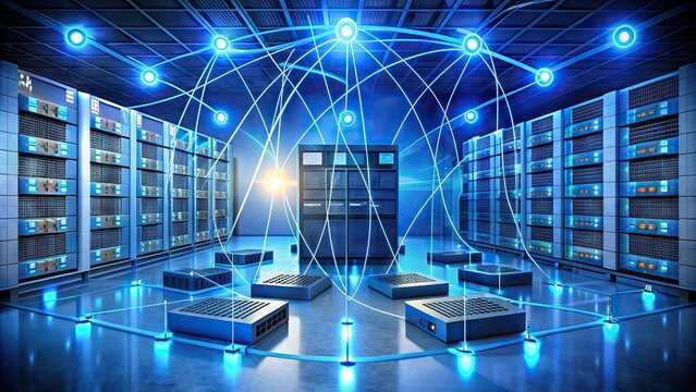 Illustrated diagram of a complex network infrastructure featuring Ethernet cables, routers, switches, servers, and computers interconnected to form a secure and efficient data exchange system.