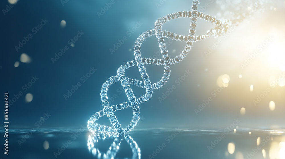 Poster a 3d rendering of a dna double helix on a blue background.
