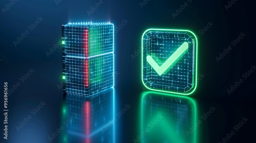 Poster futuristic digital concept with a glowing checkmark next to a server rack, symbolizing data verifica