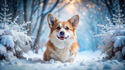 Adorable fluffy corgi wags tail, paws covered in snow, as it explores winter wonderland, surrounded by frosty trees and soft snowflakes gently falling.