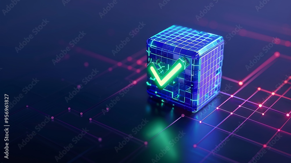 Aufkleber futuristic digital cube with a glowing checkmark on a technology-themed grid background, symbolizing
