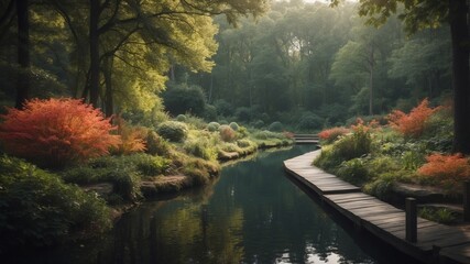 Fototapeta premium Lush and Serene Woodland Landscape with Tranquil Pond and Winding Pathway.