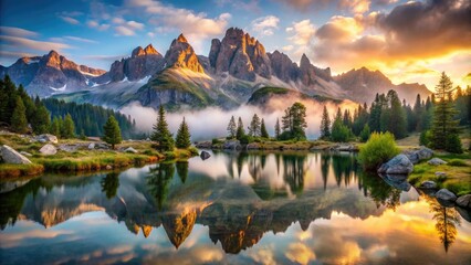 Serene morning mist envelops rugged granite peaks, verdant valleys, and tranquil lakes, showcasing the majestic beauty of a untouched alpine mountain landscape at dawn.