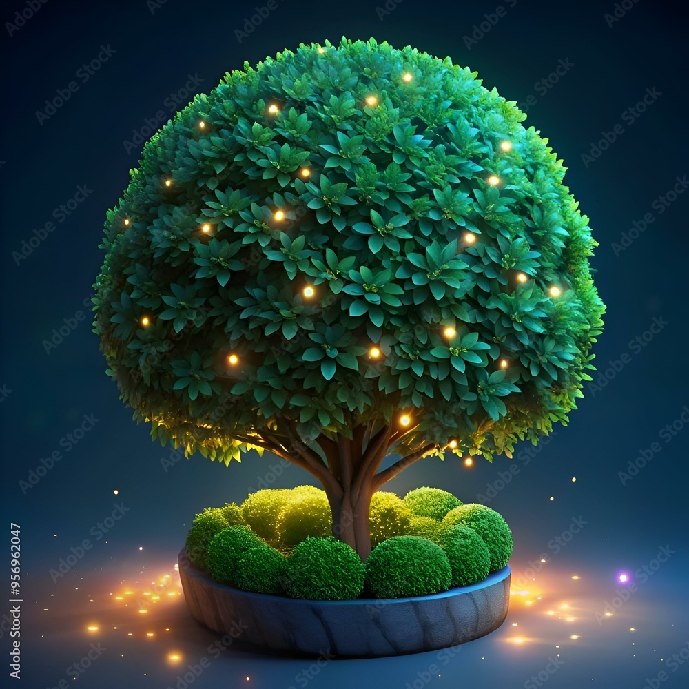 Poster a magical 3d illustration of a glowing boxwood tree with delicate lights strung through its branches