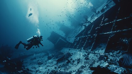 A diver explores a sunken shipwreck teeming with marine life, deep in the blue ocean, highlighting the sense of adventure in underwater exploration.