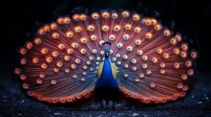 Majestic Peacock Displaying Vibrant Feathers Against a Dark Background