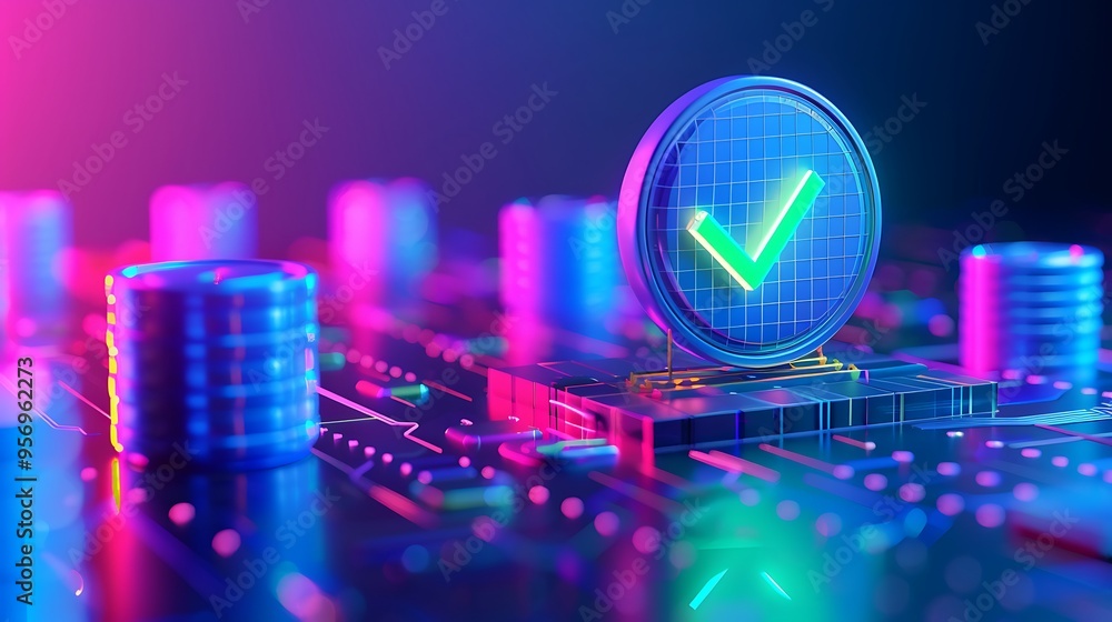 Poster futuristic digital illustration of blockchain technology with glowing checkmark, cyber security, and