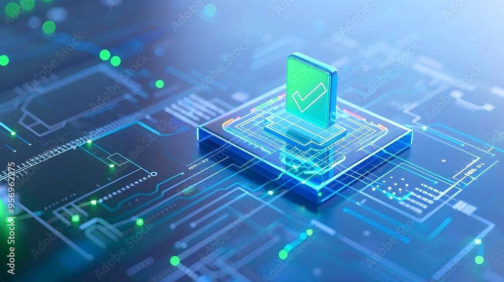 Aufkleber futuristic digital illustration of a checkmark on a microchip, symbolizing technology, cybersecurity