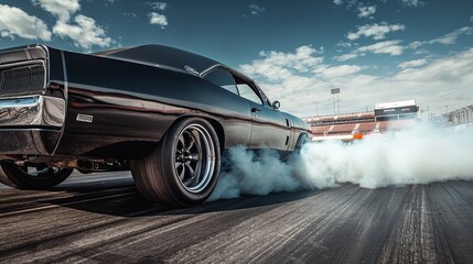 The backdrop of a clear blue sky is accompanied by tire smoke from a powerful muscle car racing down a drag strip.
