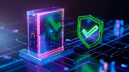 Futuristic digital illustration depicting a secure server with a glowing green checkmark shield symbolizing cybersecurity and data protection.