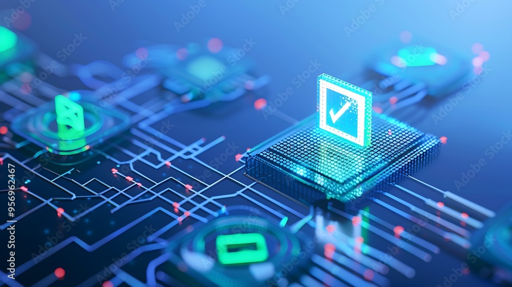 Poster futuristic digital interface with glowing icons representing technological advancements in blockchai