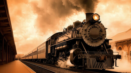 Obraz premium Classic 1950s steam locomotive pulling into a small-town station